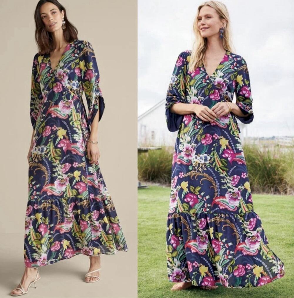 NWT Soft Surroundings Samantha Maxi Dress PM Navy Colorful Floral Faux Wrap $180 - Picture 1 of 14